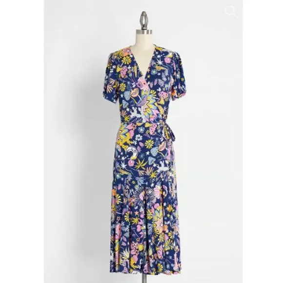 Modcloth Faux Wrap Midi Dress Size 2 Kaleidoscopic Dreamscape Moons Floral Print - Picture 1 of 6